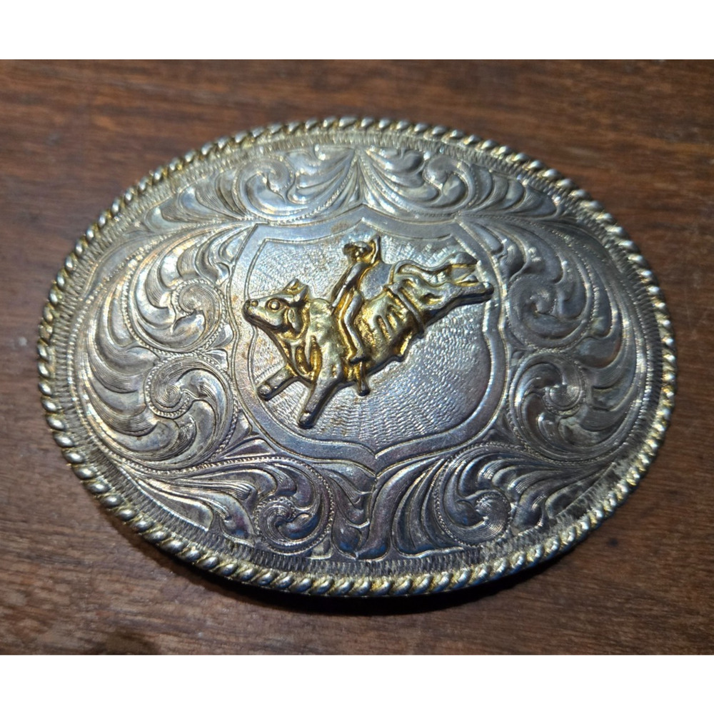 Vintage Justin Belt Buckle Bull Rider Cowboy Silver Plate/Gold Tone Western